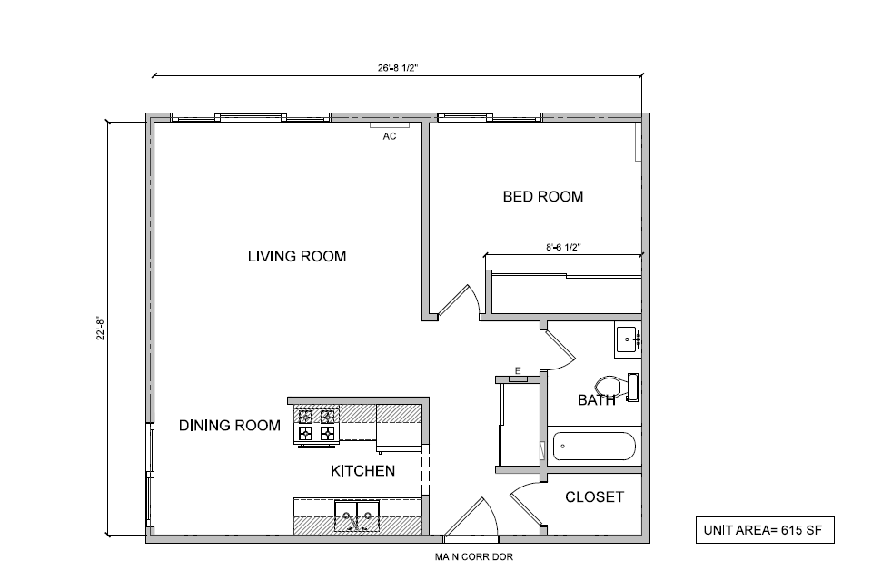 Floor plan for 1 bed, 1 bath, 615 sqft